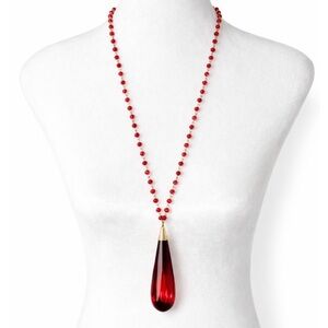 Vintage Red Glass Teardrop Pendant Necklace Long Beaded Chain Czech Style